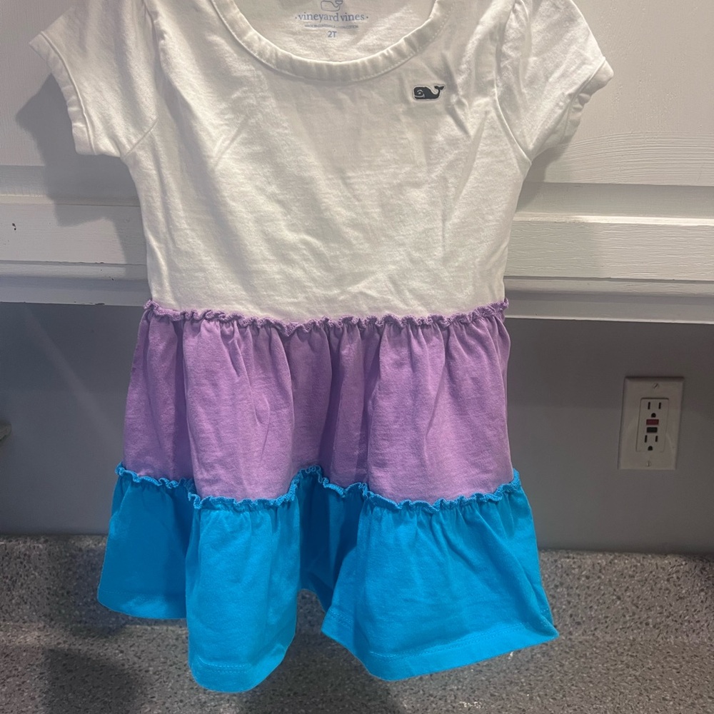 Vineyard Vines Girls' Colorblock Tiered Dress - White, Lilac & Bright Blue